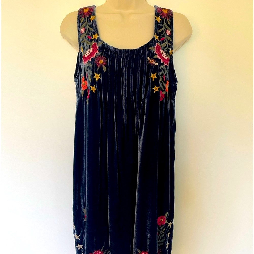 Johnny Was Blue velvet dress with embroidered flowers